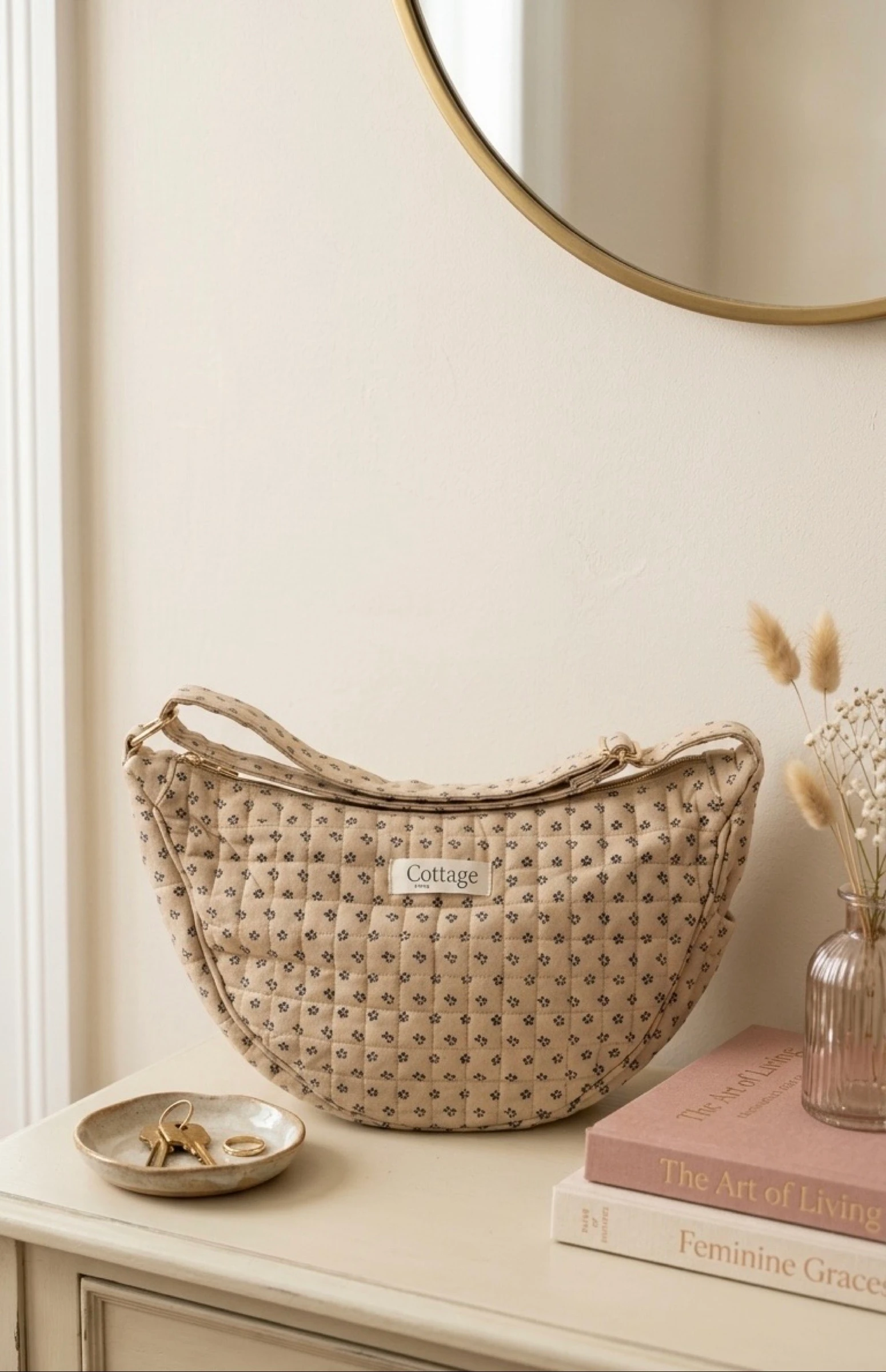 Sac Lune 100% Coton Matelassé Collection Cottage & Bag / Modèle Champs de Fleurs Noir